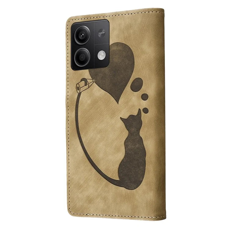 For Xiaomi Redmi Note 13 5G Case Love Heart Cat Imprinted Leather Phone Cover with Card Slots Stand