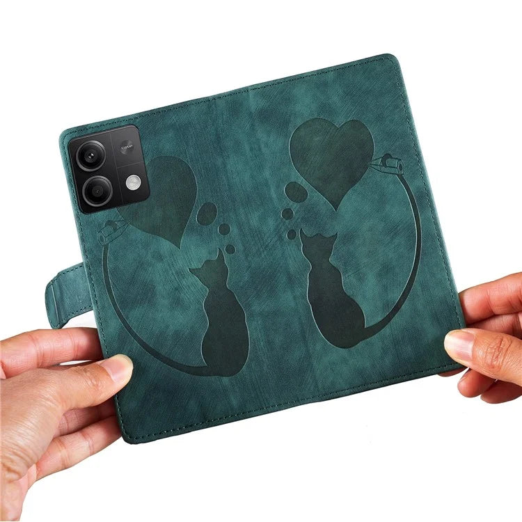 For Xiaomi Redmi Note 13 5G Case Love Heart Cat Imprinted Leather Phone Cover with Card Slots Stand