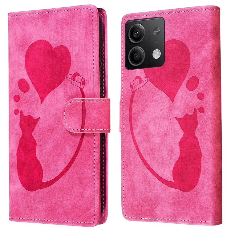 For Xiaomi Redmi Note 13 5G Case Love Heart Cat Imprinted Leather Phone Cover with Card Slots Stand