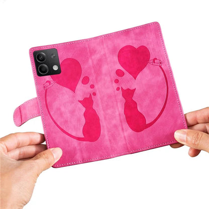 For Xiaomi Redmi Note 13 5G Case Love Heart Cat Imprinted Leather Phone Cover with Card Slots Stand