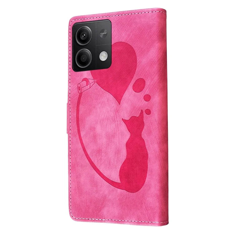 For Xiaomi Redmi Note 13 5G Case Love Heart Cat Imprinted Leather Phone Cover with Card Slots Stand