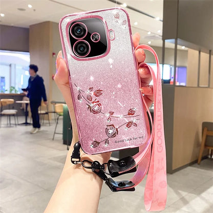 KADEM For vivo iQOO Z9 Turbo 5G Slim Case Flower Glitter Soft TPU Cover with Lanyard