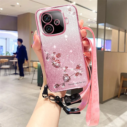 KADEM For vivo iQOO Z9 Turbo 5G Slim Case Flower Glitter Soft TPU Cover with Lanyard