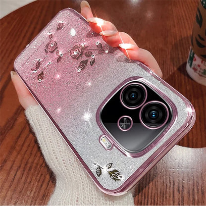 KADEM For vivo iQOO Z9 Turbo 5G Slim Case Flower Glitter Soft TPU Cover with Lanyard