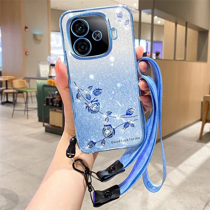 KADEM For vivo iQOO Z9 Turbo 5G Slim Case Flower Glitter Soft TPU Cover with Lanyard