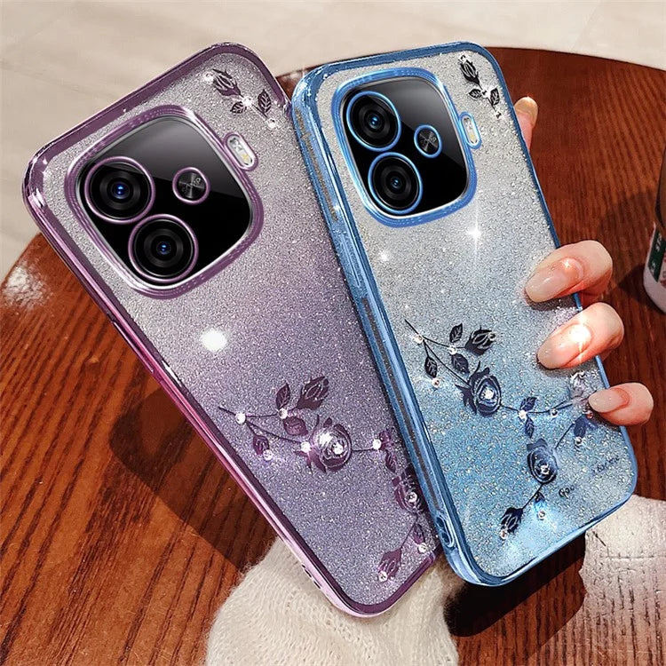 KADEM For vivo iQOO Z9 Turbo 5G Slim Case Flower Glitter Soft TPU Cover with Lanyard