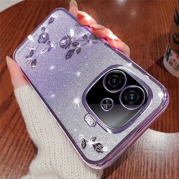 KADEM For vivo iQOO Z9 Turbo 5G Slim Case Flower Glitter Soft TPU Cover with Lanyard