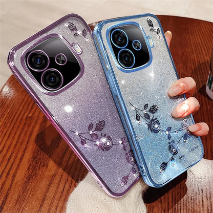 KADEM For vivo iQOO Z9 Turbo 5G Case Rhinestone Glitter TPU Floral Phone Cover