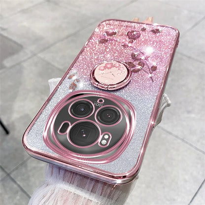 KADEM For Honor Magic6 Pro 5G Kickstand Case Floral Glitter Rhinestone TPU Phone Shell