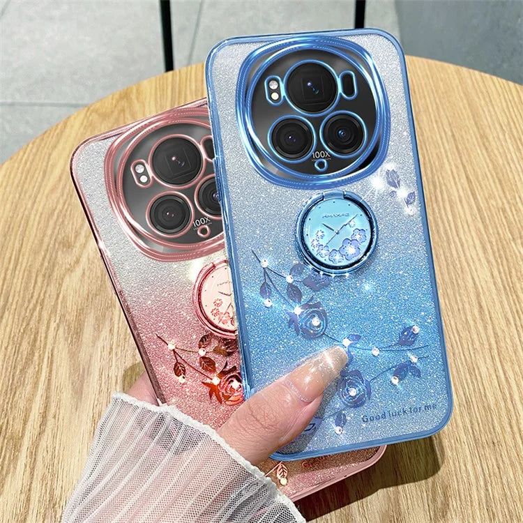 KADEM For Honor Magic6 Pro 5G Kickstand Case Floral Glitter Rhinestone TPU Phone Shell