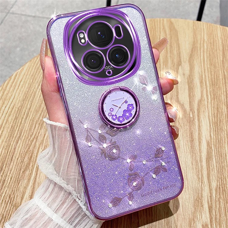 KADEM For Honor Magic6 Pro 5G Kickstand Case Floral Glitter Rhinestone TPU Phone Shell