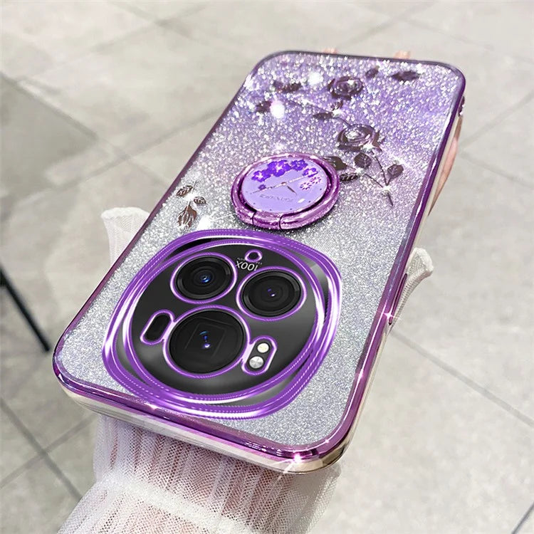 KADEM For Honor Magic6 Pro 5G Kickstand Case Floral Glitter Rhinestone TPU Phone Shell