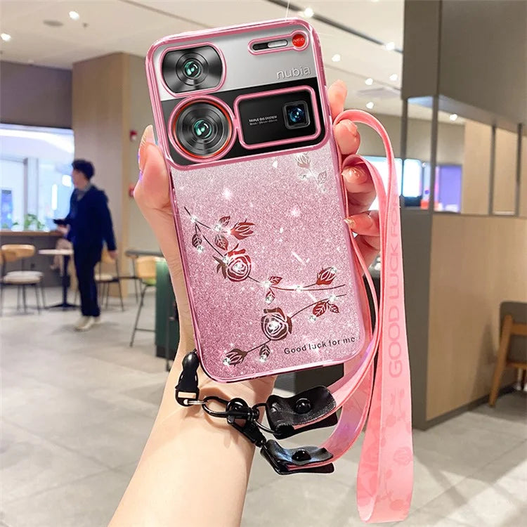 KADEM For ZTE nubia Z60 Ultra Case with Lanyard Soft TPU Flower Glitter Phone Cover