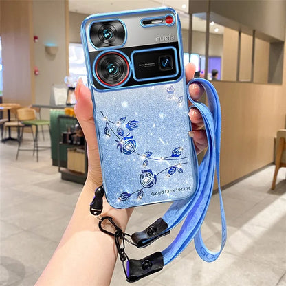 KADEM For ZTE nubia Z60 Ultra Case with Lanyard Soft TPU Flower Glitter Phone Cover