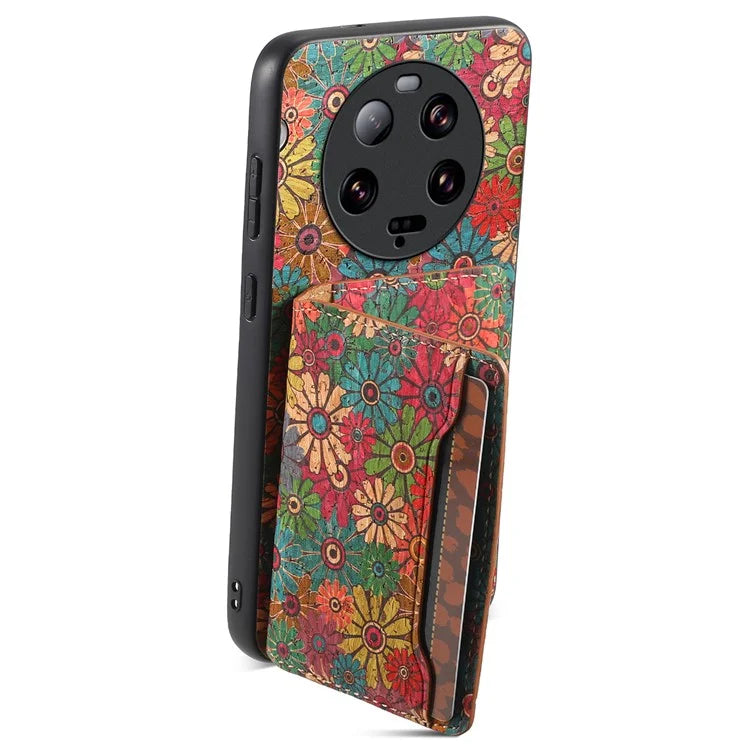 For Xiaomi 13 Ultra Case Card Holder Kickstand Leather Back Cover Flower Pattern