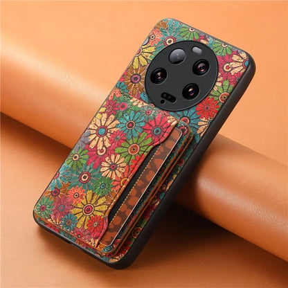 For Xiaomi 13 Ultra Case Card Holder Kickstand Leather Back Cover Flower Pattern