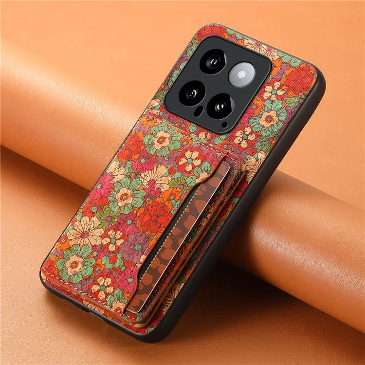 For Xiaomi 14 Case Card Slot Kickstand PU Covered Hybrid Phone Shell Floral Pattern