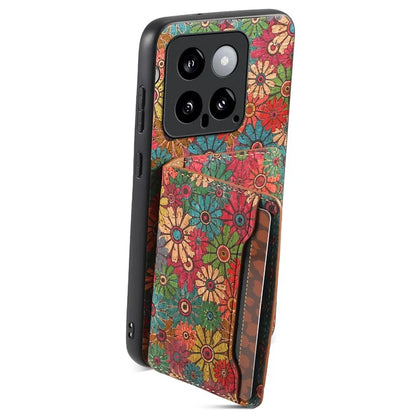 For Xiaomi 14 Case Card Slot Kickstand PU Covered Hybrid Phone Shell Floral Pattern