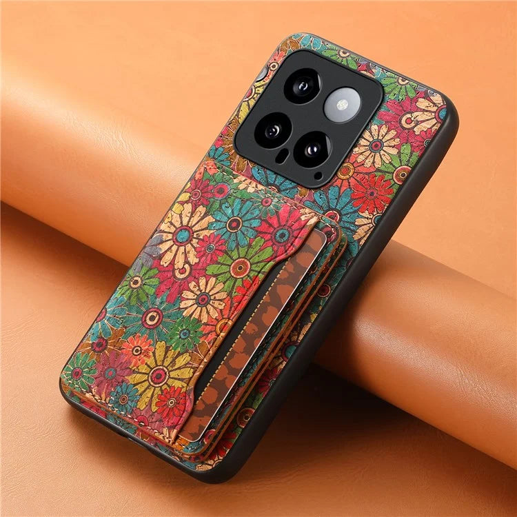 For Xiaomi 14 Case Card Slot Kickstand PU Covered Hybrid Phone Shell Floral Pattern