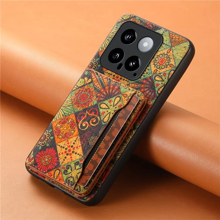 For Xiaomi 14 Case Card Slot Kickstand PU Covered Hybrid Phone Shell Floral Pattern