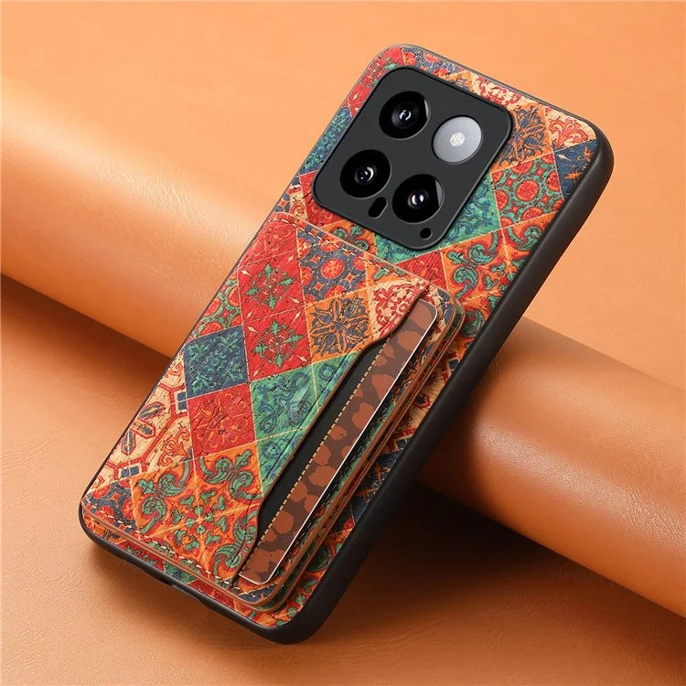 For Xiaomi 14 Case Card Slot Kickstand PU Covered Hybrid Phone Shell Floral Pattern