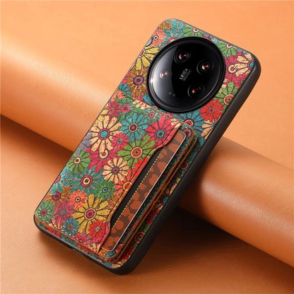 For Xiaomi 14 Ultra Kickstand Case Card Slot PU Covered Hybrid Phone Protector Floral Pattern