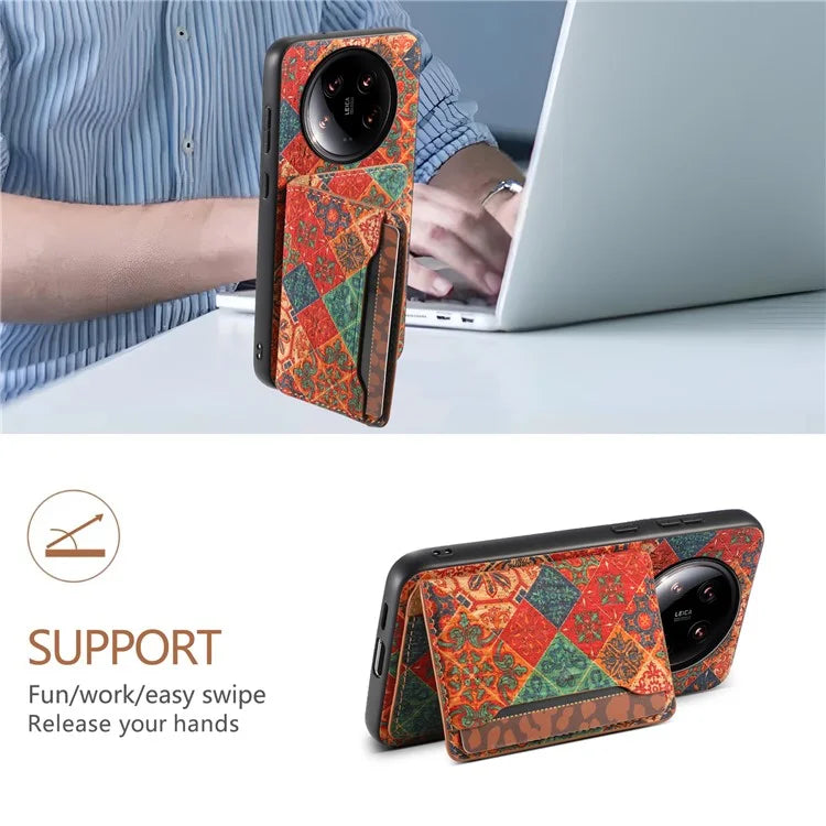 For Xiaomi 14 Ultra Kickstand Case Card Slot PU Covered Hybrid Phone Protector Floral Pattern