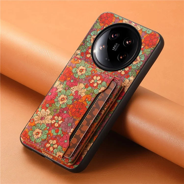 For Xiaomi 14 Ultra Kickstand Case Card Slot PU Covered Hybrid Phone Protector Floral Pattern