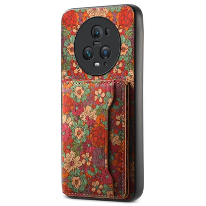 For Honor Magic5 Pro Case Leather Floral Pattern Phone Cover with Card Slots, Kickstand