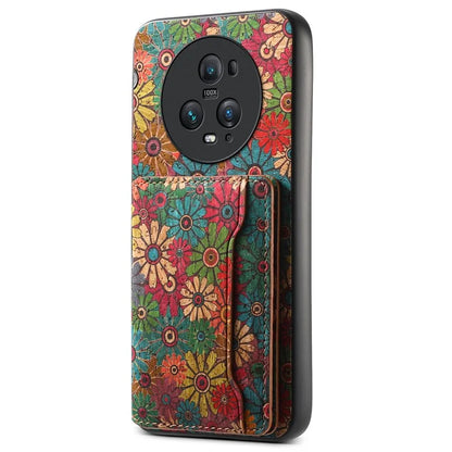 For Honor Magic5 Pro Case Leather Floral Pattern Phone Cover with Card Slots, Kickstand