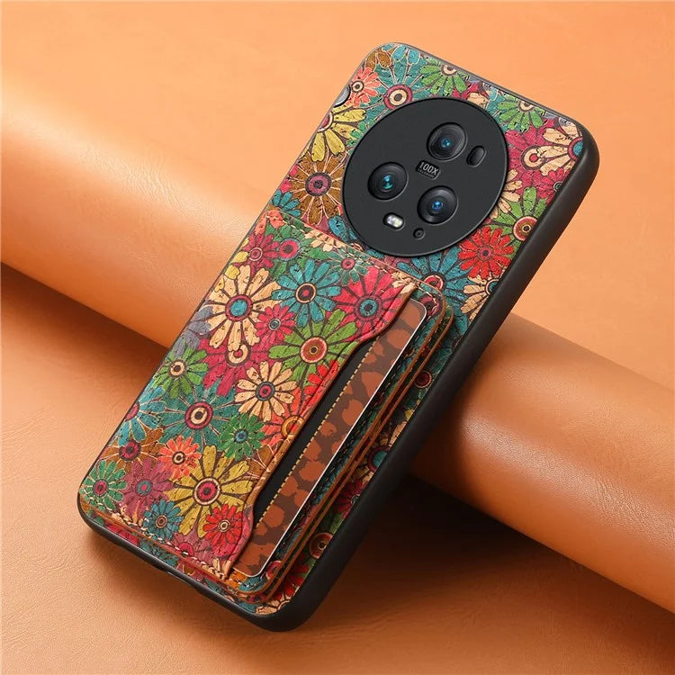 For Honor Magic5 Pro Case Leather Floral Pattern Phone Cover with Card Slots, Kickstand