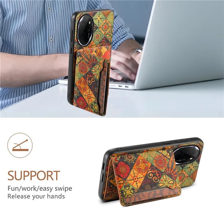 For Honor 100 Pro 5G Case Floral Pattern Card Slot Kickstand PU+TPU+PC Phone Cover