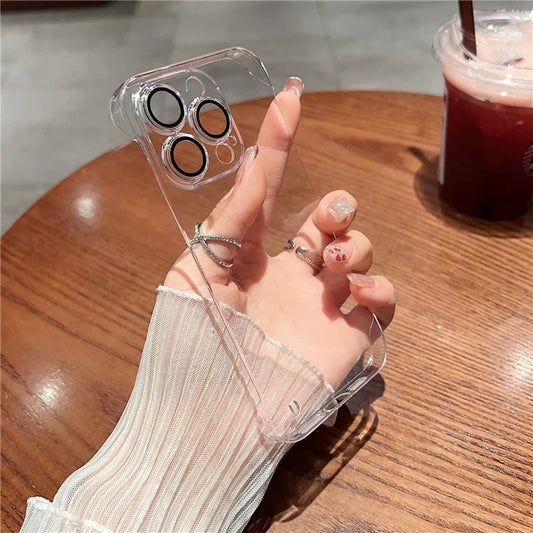 For iPhone 15 Pro Max Case Hard PC Frameless Transparent Phone Cover with Glass Lens Protector