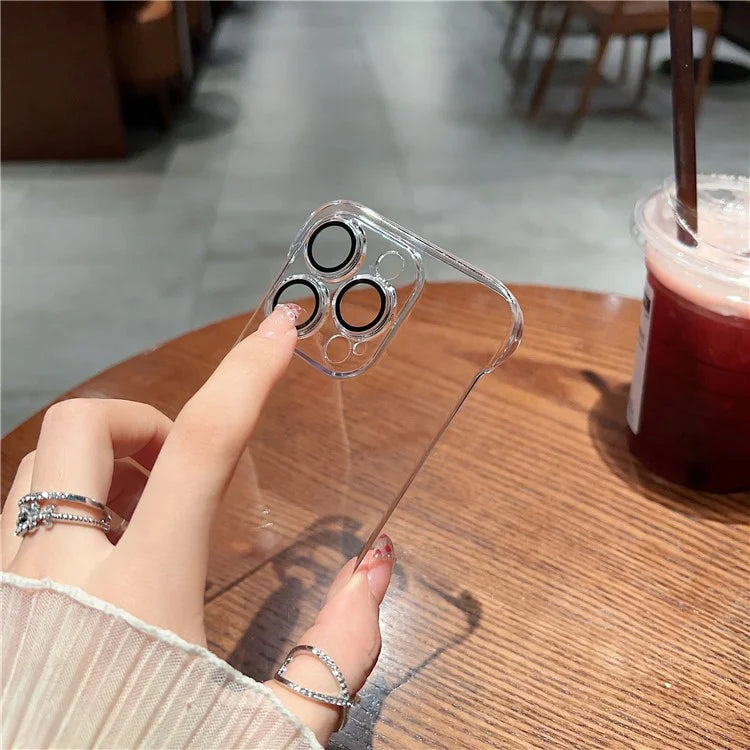 For iPhone 15 Pro Max Case Hard PC Frameless Transparent Phone Cover with Glass Lens Protector