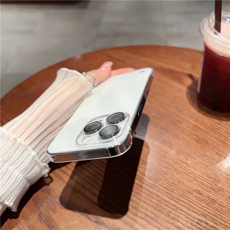 For iPhone 15 Pro Max Case Hard PC Frameless Transparent Phone Cover with Glass Lens Protector