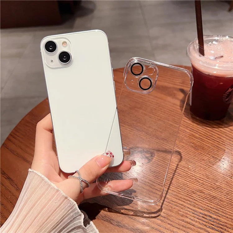 For iPhone 15 Case Hard PC Frameless Transparent Phone Cover with Glass Lens Protector