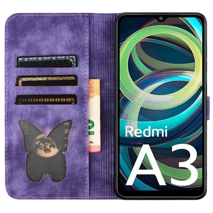 For Xiaomi Redmi A3 / Poco C61 4G Case PU Leather Phone Cover Butterfly Cat Pattern