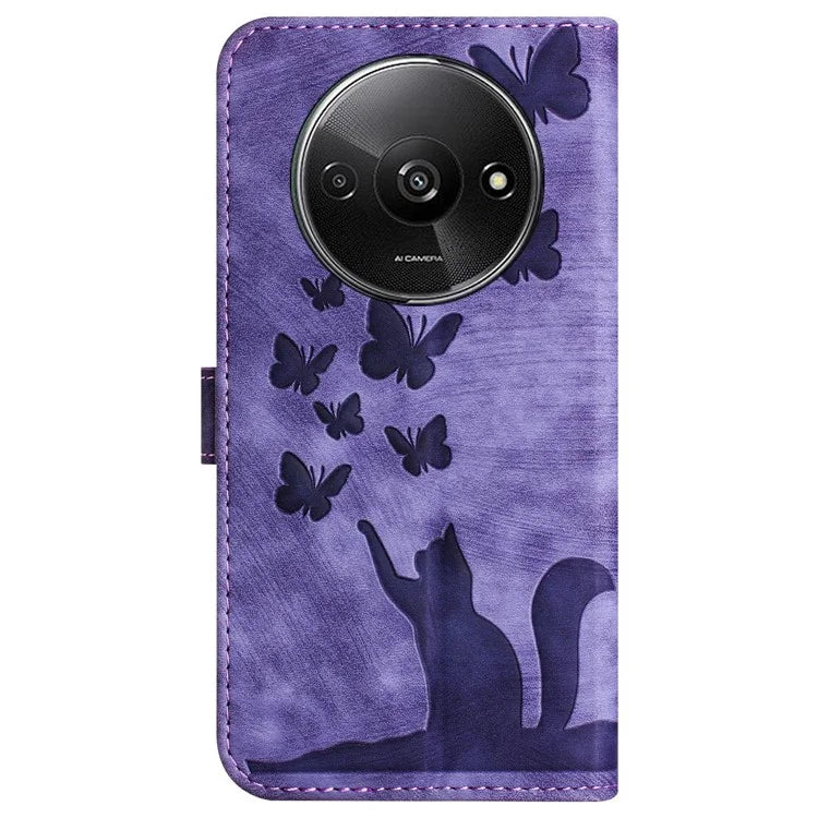For Xiaomi Redmi A3 / Poco C61 4G Case PU Leather Phone Cover Butterfly Cat Pattern