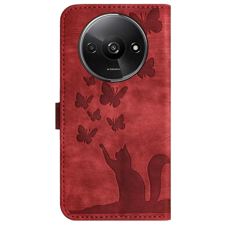 For Xiaomi Redmi A3 / Poco C61 4G Case PU Leather Phone Cover Butterfly Cat Pattern
