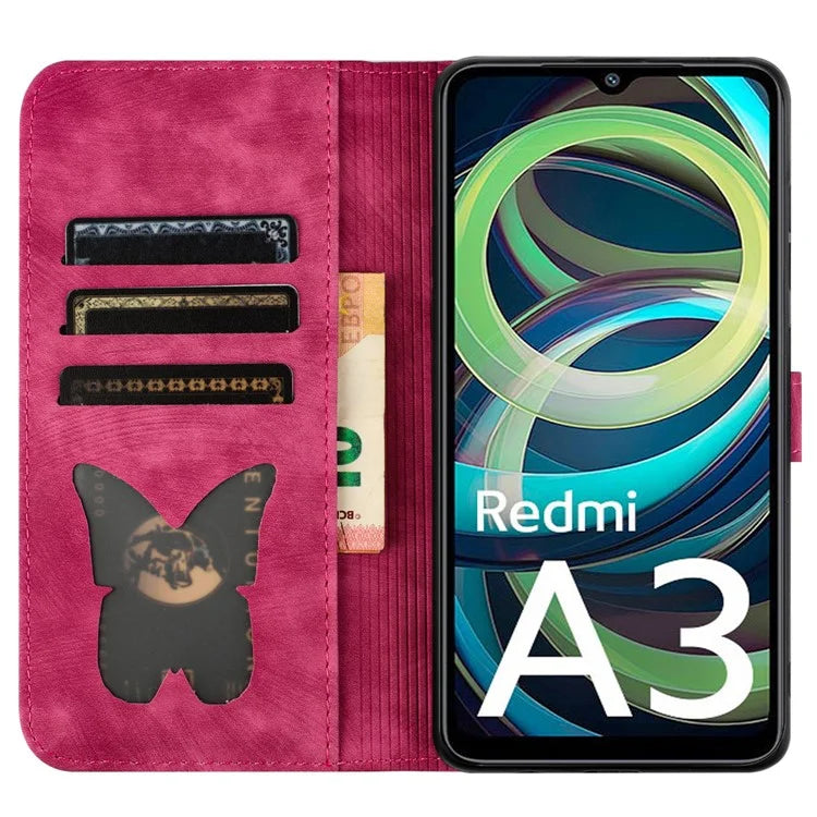 For Xiaomi Redmi A3 / Poco C61 4G Case PU Leather Phone Cover Butterfly Cat Pattern