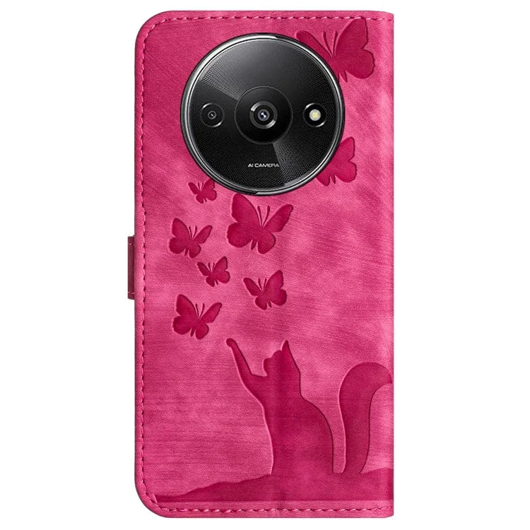For Xiaomi Redmi A3 / Poco C61 4G Case PU Leather Phone Cover Butterfly Cat Pattern