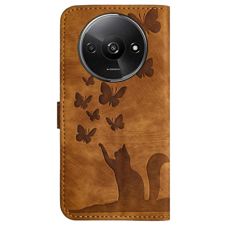 For Xiaomi Redmi A3 / Poco C61 4G Case PU Leather Phone Cover Butterfly Cat Pattern
