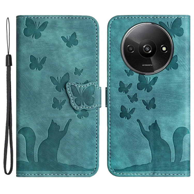 For Xiaomi Redmi A3 / Poco C61 4G Case PU Leather Phone Cover Butterfly Cat Pattern