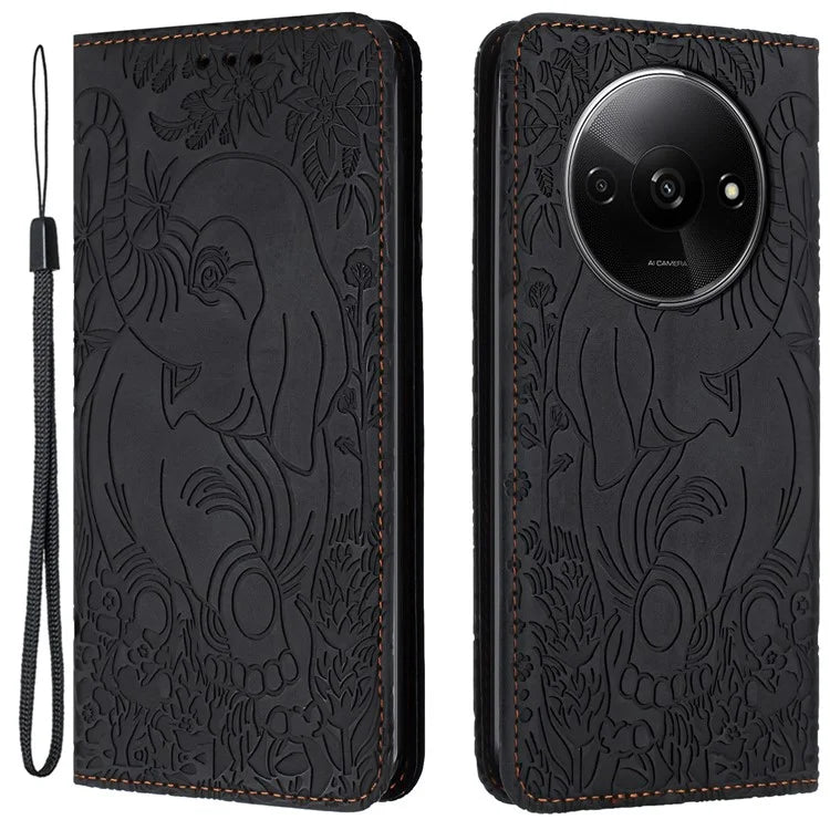 For Xiaomi Redmi A3 / Poco C61 4G Case Elephant Pattern Leather Phone Cover Magnetic Absorption