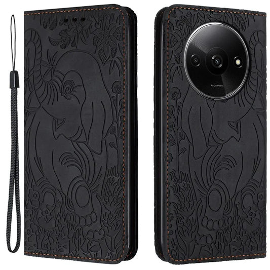 For Xiaomi Redmi A3 / Poco C61 4G Case Elephant Pattern Leather Phone Cover Magnetic Absorption
