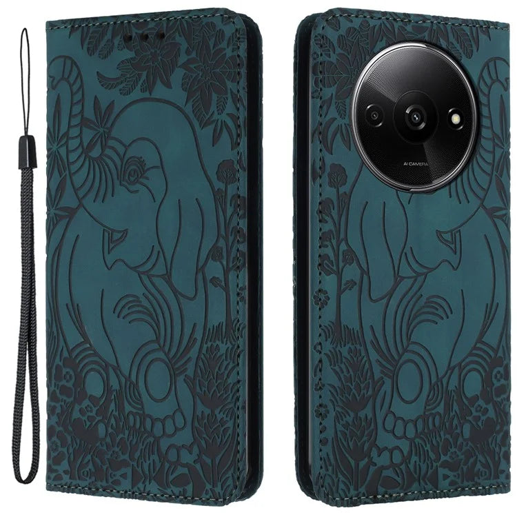 For Xiaomi Redmi A3 / Poco C61 4G Case Elephant Pattern Leather Phone Cover Magnetic Absorption