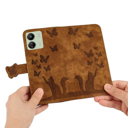 For Xiaomi Redmi 13C 4G / 5G / 13R 5G / Poco M6 5G / Poco C65 4G Case Cat Butterfly Imprinted Leather Magnetic Clasp Phone Cover