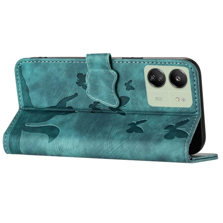 For Xiaomi Redmi 13C 4G / 5G / 13R 5G / Poco M6 5G / Poco C65 4G Case Cat Butterfly Imprinted Leather Magnetic Clasp Phone Cover