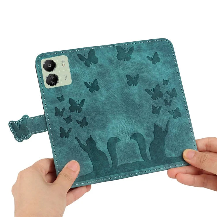 For Xiaomi Redmi 13C 4G / 5G / 13R 5G / Poco M6 5G / Poco C65 4G Case Cat Butterfly Imprinted Leather Magnetic Clasp Phone Cover