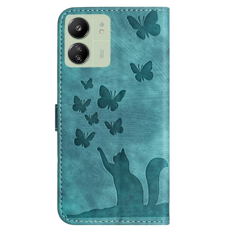 For Xiaomi Redmi 13C 4G / 5G / 13R 5G / Poco M6 5G / Poco C65 4G Case Cat Butterfly Imprinted Leather Magnetic Clasp Phone Cover